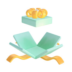 A 3D stylized open mint green gift box with a gold ribbon and the lid floating above.