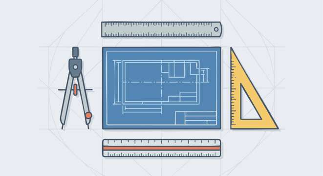 &ldquo;Flat-style vector of engineering tools&mdash;compass, ruler, scale, drafting triangle&mdash;arranged around a blueprint sheet, clean geometric layout.&rdquo;