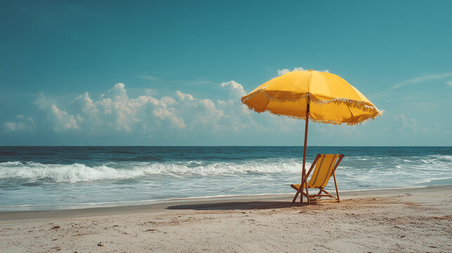 A yellow umbrella and beach chair sit on a sandy beach with ocean waves and blue sky above