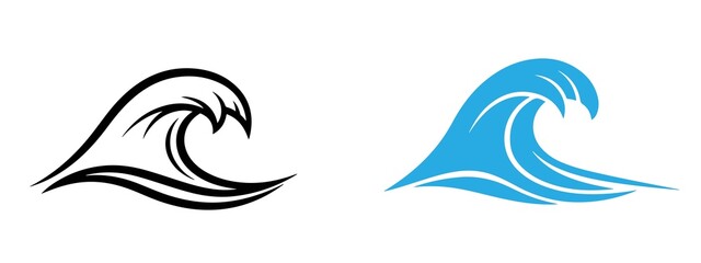 Two wave illustrations one in black outline and one in blue color fill