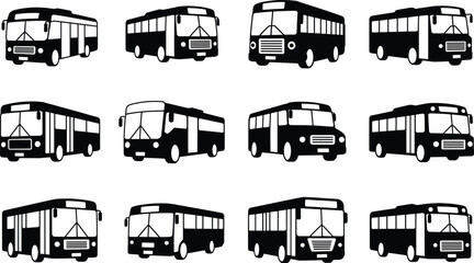 Bus silhouette vector collection showing public transport vehicles, vintage and modern buses, front and side views for travel, transportation, and city design illustrations