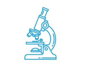 Illustration of a blue outlined microscope on a plain white background