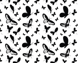 Butterfly silhouette seamless pattern vector illustration, flying insect design, black and white butterfly background, nature symbol, spring decorative element, wildlife graphic art