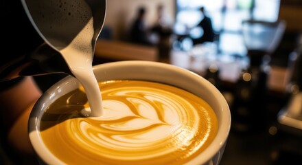 Creamy latte art in progress showcasing a captivating blend of colors and motion
