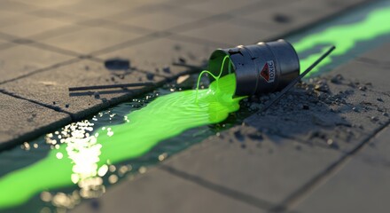 Spilled toxic substance flowing down concrete drain representing environmental damage