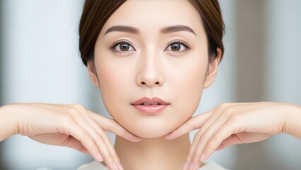 Asian Woman Cares for Her Skin Touching Chin With Perfect Hands Revealing Natural Beauty Beautiful Skin Care Cosmetic Facial Treatment Self Care Anti Aging Healthy Lifestyle