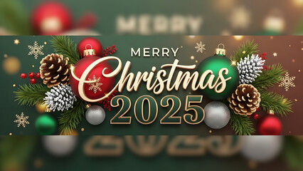 Merry Christmas and Happy New Year 2025 Festive Greeting Card With Ornaments, Pinecones, and Snowflakes