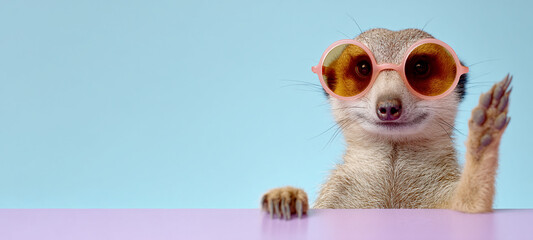 A template for creative advertising. A happy meerkat promoting a product. Copy space for text. 