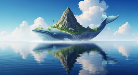 Surreal oceanic vista featuring a whale island mountain under a serene sky dreamscape