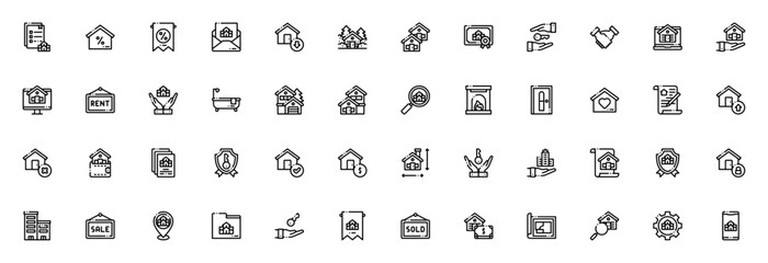 Real Estate icon set. Vector illustration pack. Incldes symbols for house, apatment, sale, rent, contrac, key, search, money, protction and more.
