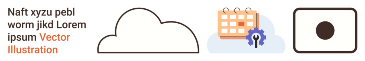 Cloud computing, data storage, scheduling, security, organization, technology. Cloud symbol, calendar with settings gear and square button icon. Cloud computing and data storage concept