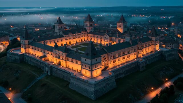 Illuminated Kamianets-Podilskyi Castle at Dusk.