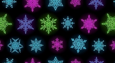 Neon snowflakes pattern on black background for design elements