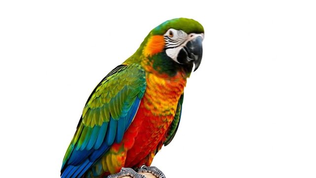 Vibrant macaw parrot posing against a clean white background studio shot with avian details