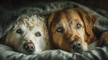 Two dogs lying close together under soft blanket on bed, showing calm and gentle expressions with warm home lighting in cozy setting