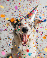 australian shepherd wearing party hat, happy celebration dog portrait, festive confetti puppy photo
