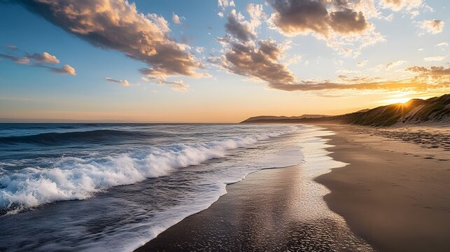 A beautiful sunset over the ocean with clouds and waves crashing on the sandy shore.