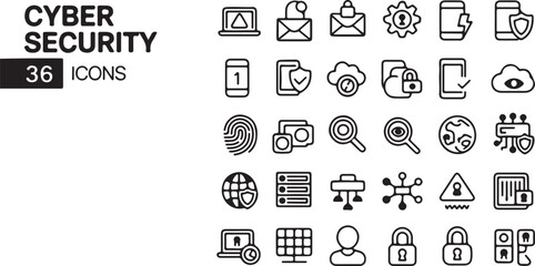 Modern minimalist line icons for cyber security, data protection, and internet privacy, ideal for secure digital technology and online safety infographics