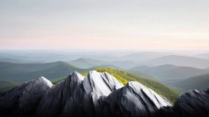 Jagged Mountain Peaks with Lush Green Hills and Misty Horizon