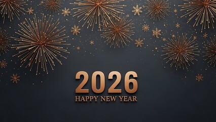 Happy new year 2026 celebration with festive fireworks and golden snowflakes
