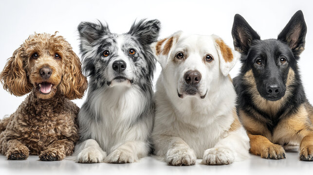 Four different dog breeds lying down together on white background, showing variety of fur colors and textures with attentive and calm expressions