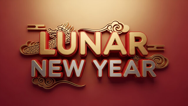 Lunar New Year Festive Golden 3D Typography for Celebration with Traditional Asian Ornaments on a Vibrant Red Background