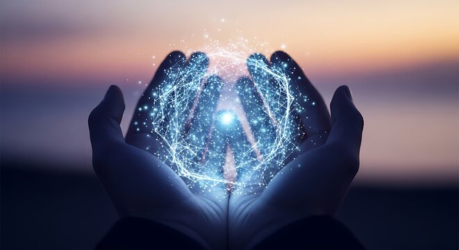 Hands Holding Glowing Digital Network Sphere Representing Connectivity and Innovation in Technology and Communication of the Future