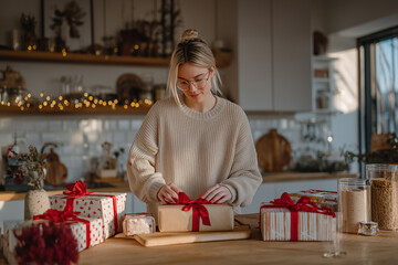 Woman wrapping holiday gifts with red ribbon