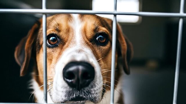 Sad dog's eyes pleading from cage, needs loving home for adoption campaign
