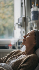 Sick woman patient with cancer feels hopeful lying in hospital bed during chemotherapy. serene and resilient expression during treatment