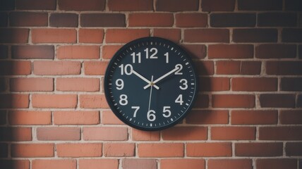 Time's Perspective: A sleek, modern clock hangs against a textured brick wall, its hands frozen in a moment of poised stillness, presenting the concept of timelessness.