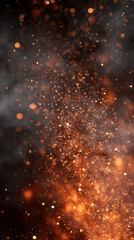 Intense bright glowing fire particle rising up from dark background. Fiery orange ember and spark moving through smoke creating dynamic effect