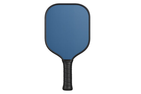 Pickleball paddle with blue face and black handle isolated, ready for court sport and recreational activity