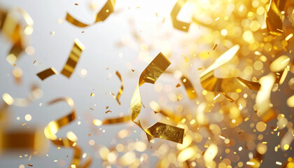 Joyful gold confetti falling in slow motion, festive golden abstract background for celebration, new year, and anniversary party events