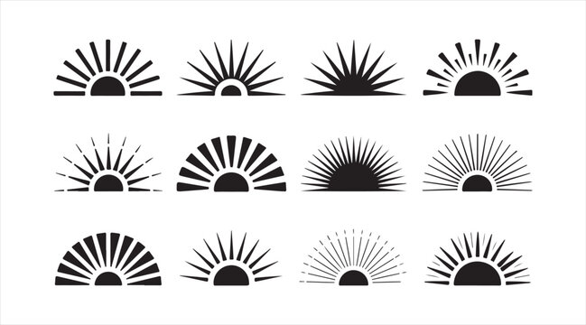 Minimal and geometric sunburst silhouette collection showcasing multiple sunrise shapes for creative graphics