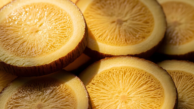 Close-up of sliced yellow mushrooms with intricate gill patterns. - Powered by Adobe