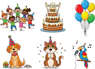 Cartoon Birthday Party Scene with Children, Cake, Balloons, and Animals