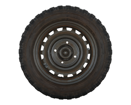 Black rubber car tire with steel wheel vehicle part png isolated on transparent background