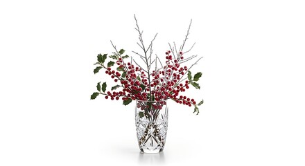 Vase of red berries and green leaves on white background