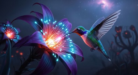 Fototapeta premium Hummingbird and illuminated flora encounter a glowing nexus of fantastical energy