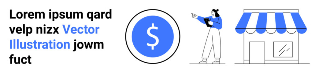 Woman gestures to a storefront and dollar icon, indicating financial growth. Ideal for business, finance, marketing, sales, e-commerce, small business, and a simple landing page