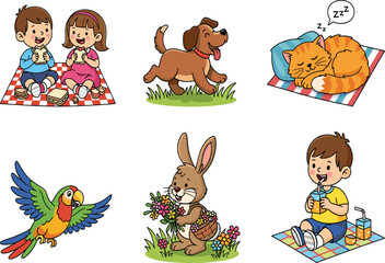 Cartoon Kids and Animals in Outdoor Picnic and Relaxation Scenes