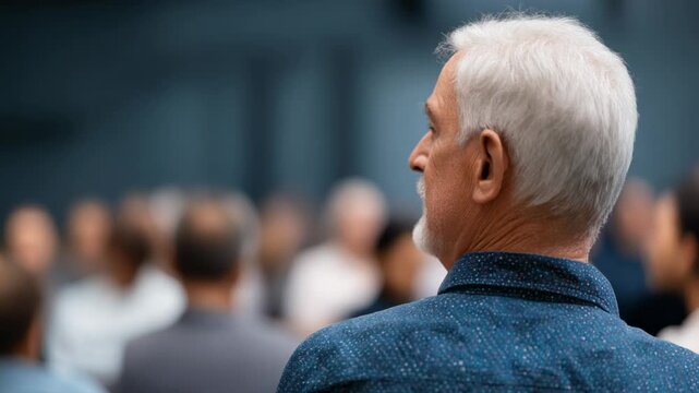 Engaged Audience Member Raising Hand in a Conference Setting