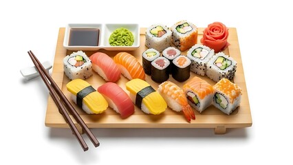 An appetizing assortment of traditional Japanese sushi and maki rolls, including nigiri and uramaki, served on a wooden platter with wasabi and soy sauce