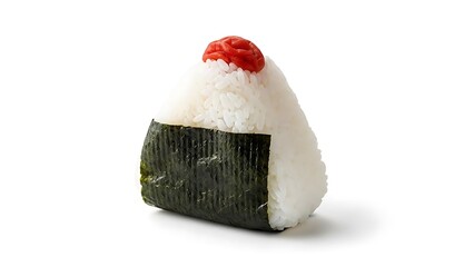 A delicious Japanese onigiri rice ball with seaweed and a red pickled plum on top, isolated on a white background