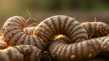 Close-up of freshly harvested yacon roots with distinctive striped patterns.