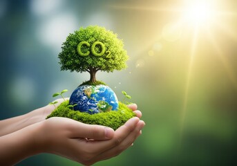 Hands holding earth with tree growing on it with co symbol and green background and bright light