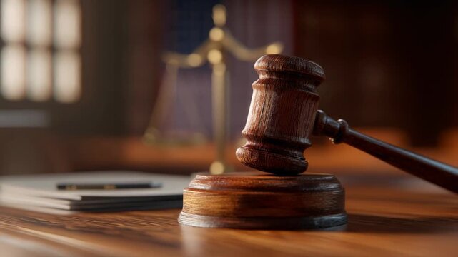 Justice and Law Concept with Gavel on Desk and Scales in Background for Legal Profession