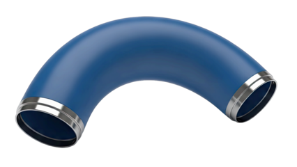 Matte Blue Curved Pipe Section with Silver Metal End Caps Isolated on Transparent Background