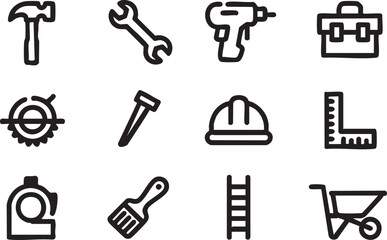 Fototapeta premium Construction hand tools and equipment are arranged neatly on a white background